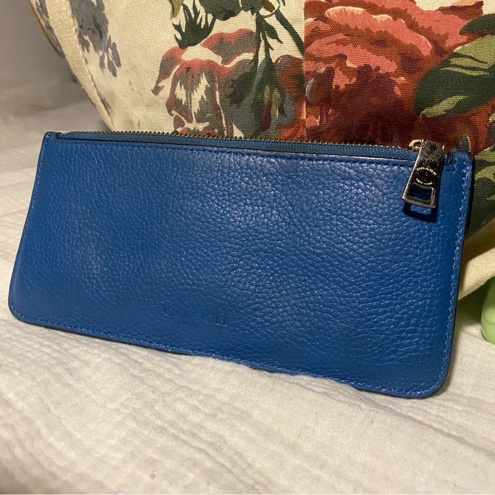 COACH womens blue leather long card holder wallet zip